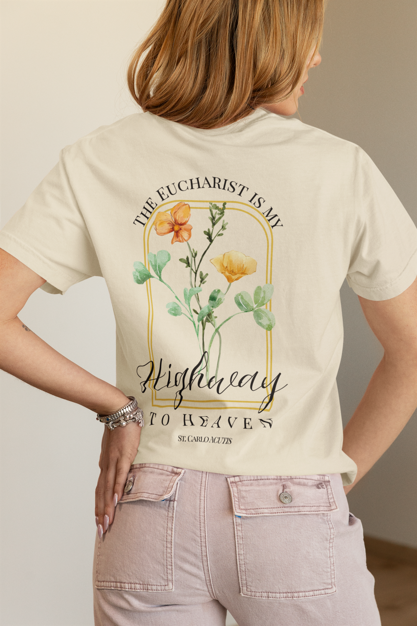 “Eucharist is My Highway to Heaven” Embroidered Women’s T-Shirt – Catholic Faith Floral Tee