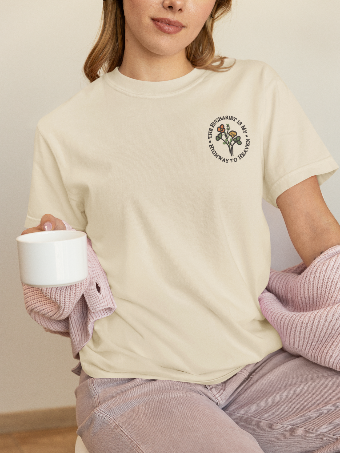 “Eucharist is My Highway to Heaven” Embroidered Women’s T-Shirt – Catholic Faith Floral Tee