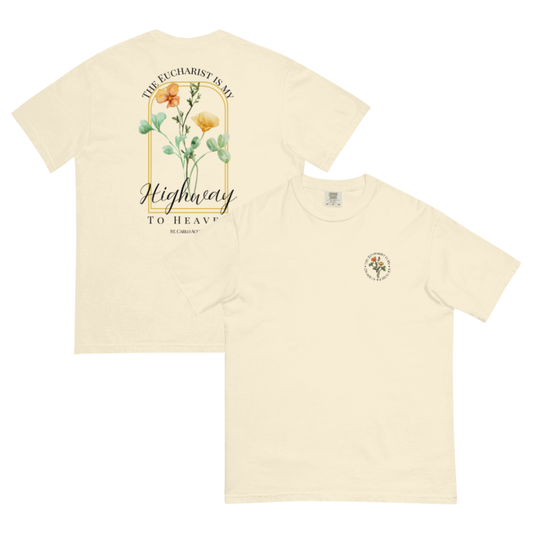 “Eucharist is My Highway to Heaven” Embroidered Women’s T-Shirt – Catholic Faith Floral Tee